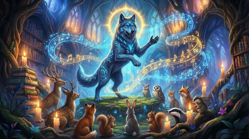 gemini image 2 der wolf hält einen vortrag und die tiere des waldes hören zu noten tanzen um 0