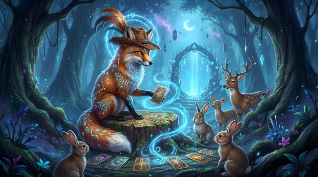 gemini image 2 ein fuchs sitzt mit hasen und rehen zusammen und legt ihnen die tarot karten er 0