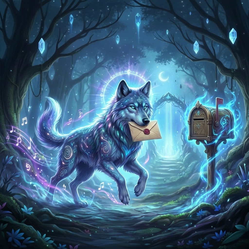 gemini image 2 mach den wolf in einem kontext wo er einen brief im maul hält und zum briefkast 0